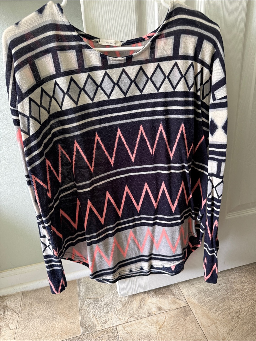 Geometric Chevron Long Sleeve Top - Black, White & Pink
